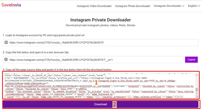 paste instagram data into input box number 3