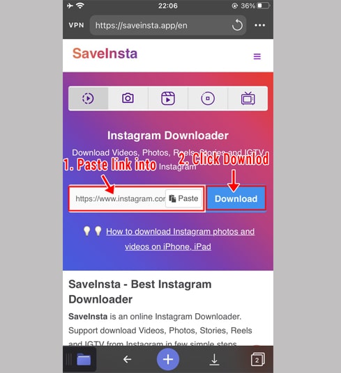 paste instagram link into input field